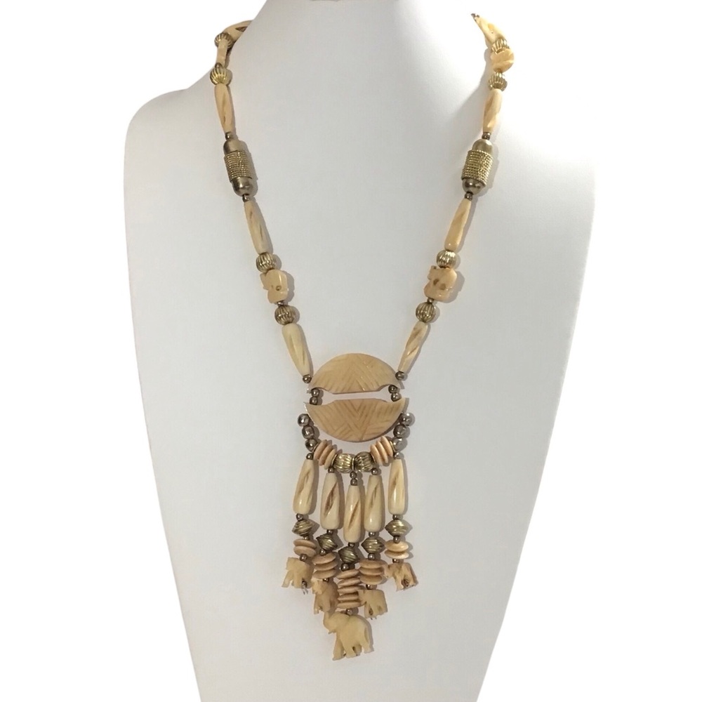 Carved Elephant Necklace Trunk Up Gold Tone Tan Costume Fashion Jewelry